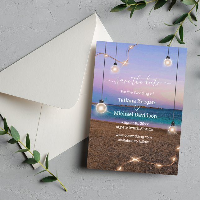 Tarjeta Pequeña elegante iluminación dorada boda de playa excepto  (Subido por el creador)