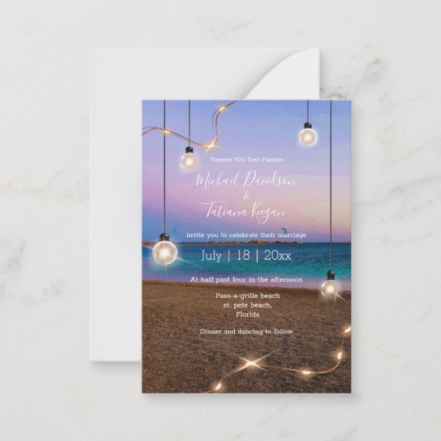 Tarjeta Pequeña elegante iluminación dorada playa boda (Anverso)