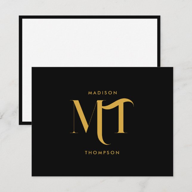Tarjeta Pequeña Elegante letras de inicio de monograma negro y dor (Anverso / Reverso)