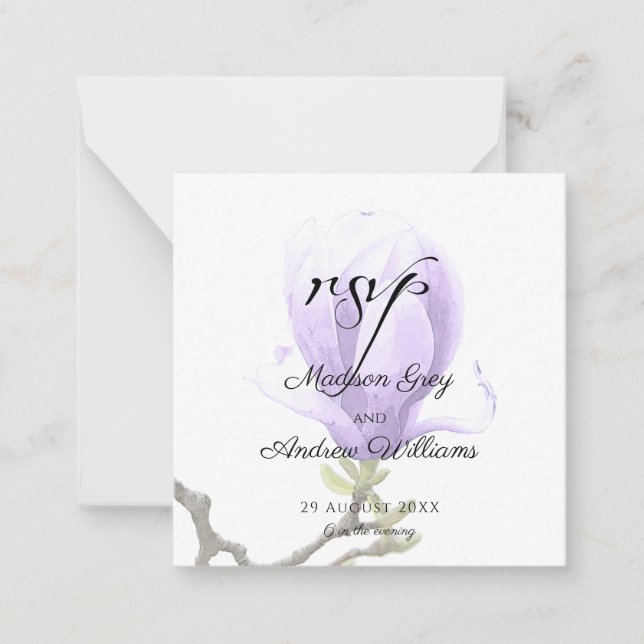 Tarjeta Pequeña Elegante Magnolia Purple Wedding RSVP (Anverso)