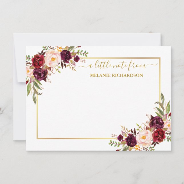 Tarjeta Pequeña Elegante Marco dorado acuarela Borgoña Floral (Anverso)