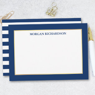 Tarjeta Pequeña Elegante marco dorado de la marina azul a rayas