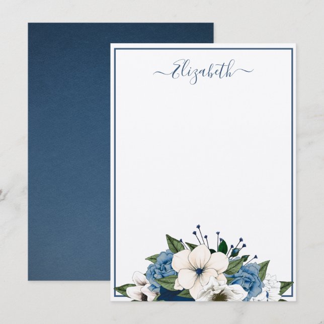 Tarjeta Pequeña Elegante Marina y Dusty Floral Azul personalizada (Anverso / Reverso)
