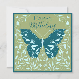 Tarjeta Pequeña Elegante mariposa azul verdoso con enredaderas Fel