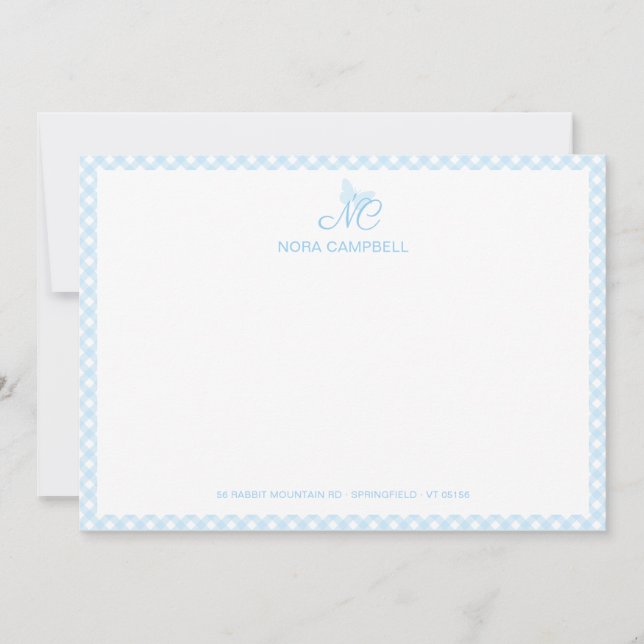 Tarjeta Pequeña Elegante Mariposa Monograma Bebé Azul Gingham Plai (Anverso)