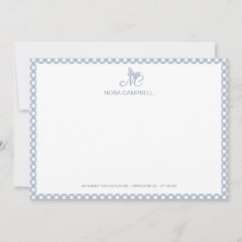 Tarjeta Pequeña Elegante mariposa Monograma Dusty Blue Gingham