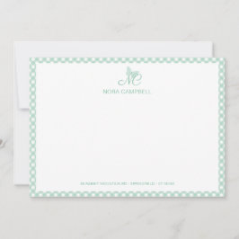 Tarjeta Pequeña Elegante mariposa Monograma Mint Green Gingham