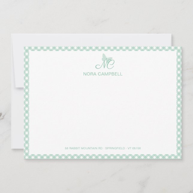 Tarjeta Pequeña Elegante mariposa Monograma Mint Green Gingham (Anverso)