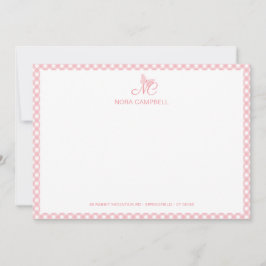 Tarjeta Pequeña Elegante Mariposa Monograma Rosa Gingham