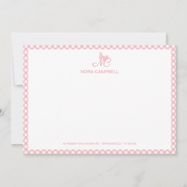 Tarjeta Pequeña Elegante Mariposa Monograma Rosa Gingham (Anverso)