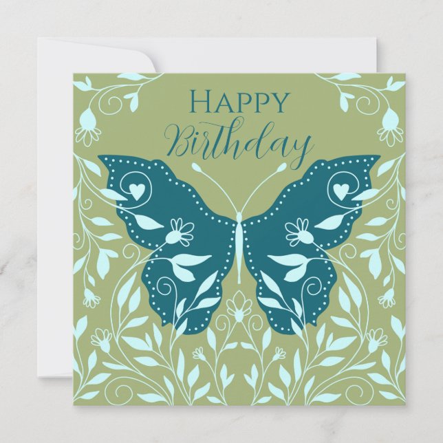 Tarjeta Pequeña Elegante mariposa Verde azulada con vinos Feliz cu (Anverso)