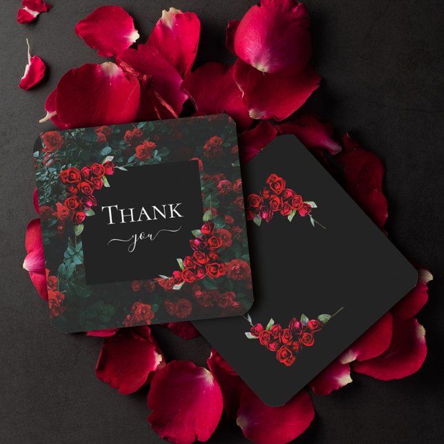Tarjeta Pequeña Elegante Moda romántica Gracias Floral Roses Rojos (#zazzlemade #roses #love #thankyoucard #valentine #script #calligrahpic #blackandred #redroses)
