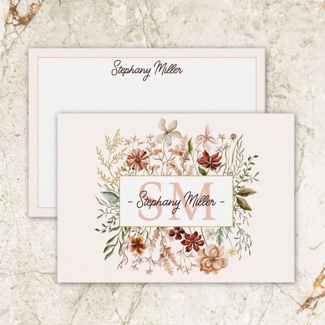 Tarjeta Pequeña Elegante Monograma Acuarela Caída Flor Floral (Front and Back)