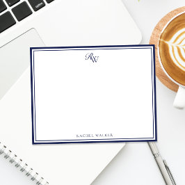 Tarjeta Pequeña Elegante Monograma Azul Dos Bordes