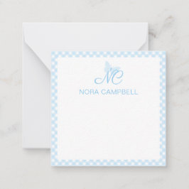 Tarjeta Pequeña Elegante Monograma Bebé Azul Gingham Personalizado