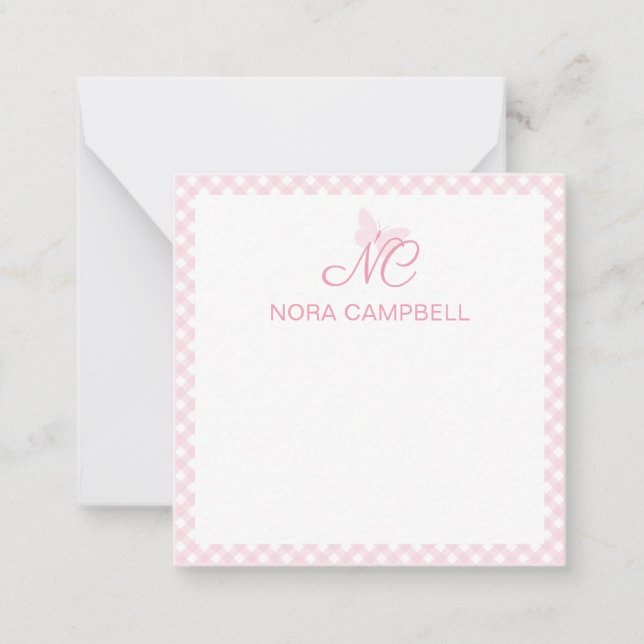 Tarjeta Pequeña Elegante Monograma Bebé Rosa Gingham Personalizado (Anverso)