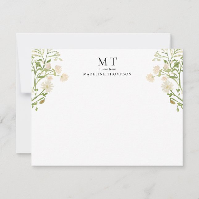 Tarjeta Pequeña Elegante Monograma Clásico de Flor Silvestre Blanc (Anverso)