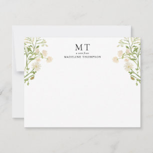 Tarjeta Pequeña Elegante Monograma Clásico de Flor Silvestre Blanc