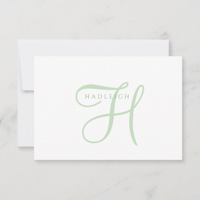 Tarjeta Pequeña Elegante Monograma de Letra Script Verde Salvia (Anverso)