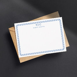 Tarjeta Pequeña Elegante Monograma Doble Borde Geométrico Azul Mar