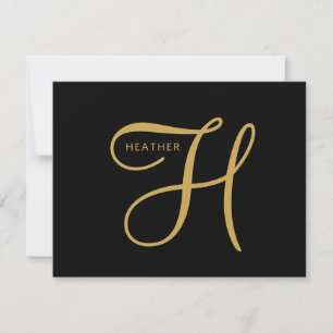 Tarjeta Pequeña Elegante Monograma Dorado Negro 
