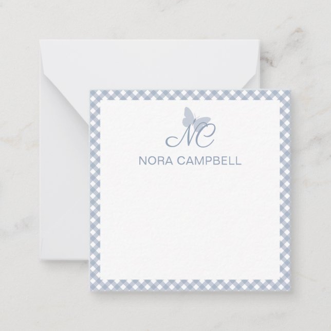 Tarjeta Pequeña Elegante Monograma Dusty Blue Gingham Personalizad (Anverso)