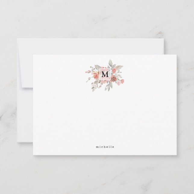 Tarjeta Pequeña Elegante Monograma Floral Rosa Rubor (Anverso)