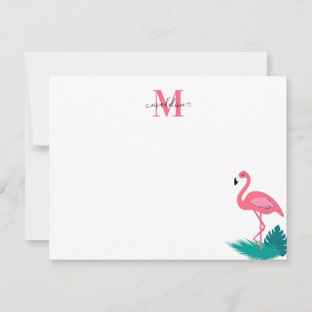 Tarjeta Pequeña Elegante Monograma Hojas Tropicales Flamingo Rosa  (Anverso)