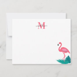 Tarjeta Pequeña Elegante Monograma Hojas Tropicales Flamingo Rosa