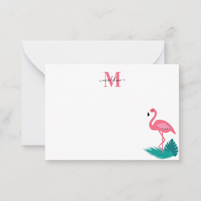 Tarjeta Pequeña Elegante Monograma Hojas Tropicales Flamingo Rosa  (Anverso)