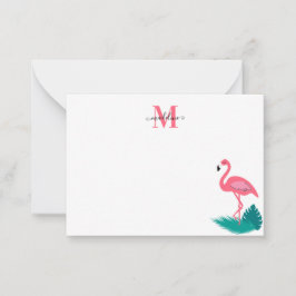 Tarjeta Pequeña Elegante Monograma Hojas Tropicales Flamingo Rosa