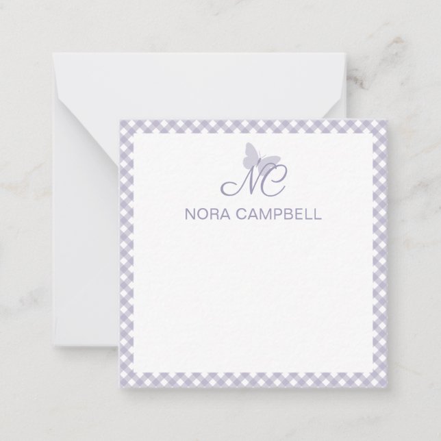 Tarjeta Pequeña Elegante Monograma Lavender Gingham Personalizado (Anverso)