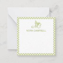 Tarjeta Pequeña Elegante Monograma Luz Verde Gingham Personalizado