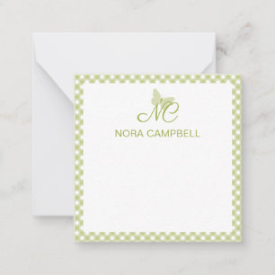 Tarjeta Pequeña Elegante Monograma Luz Verde Gingham Personalizado