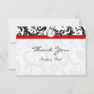 Tarjeta Pequeña Elegante Monograma Negro Damask Red Trim Boda