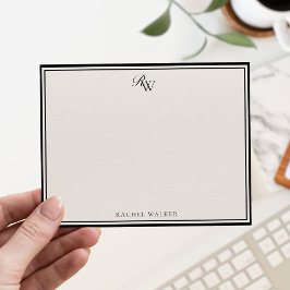 Tarjeta Pequeña Elegante Monograma Negro y Marfil Dos Bordes