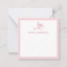 Tarjeta Pequeña Elegante Monograma Rosa Gingham Personalizado