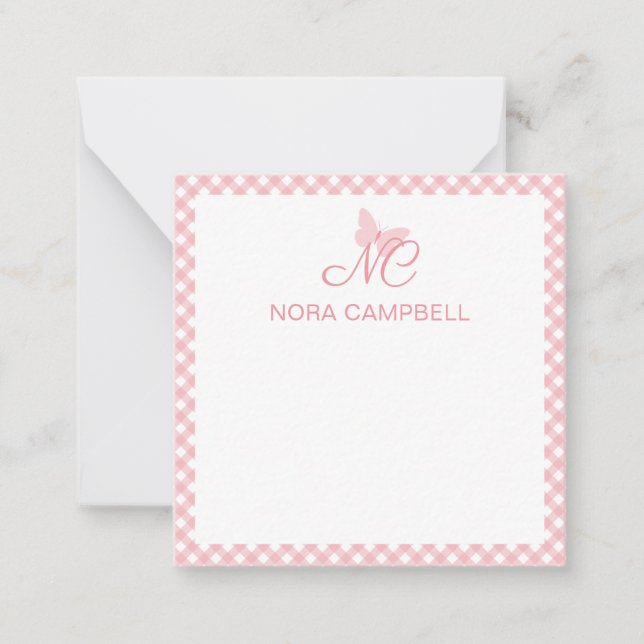 Tarjeta Pequeña Elegante Monograma Rosa Gingham Personalizado (Anverso)