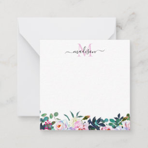 Tarjeta Pequeña Elegante Monograma Rubor Floral Rosa Peony Blanco