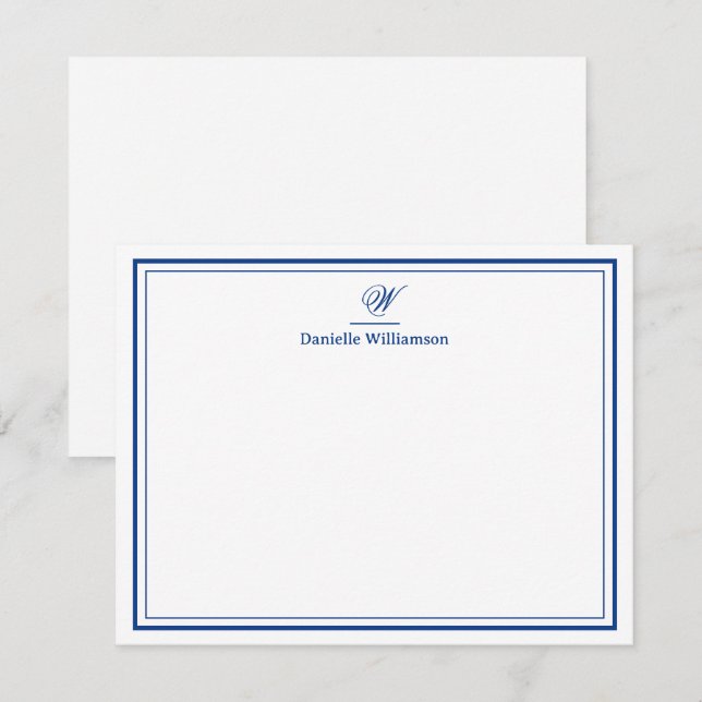 Tarjeta Pequeña Elegante Navy Blue Monograma Doble borde Plano (Anverso / Reverso)