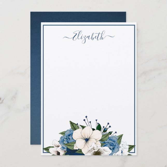 Tarjeta Pequeña Elegante Navy y Floral Azul Polvoriento Personaliz (Anverso / Reverso)
