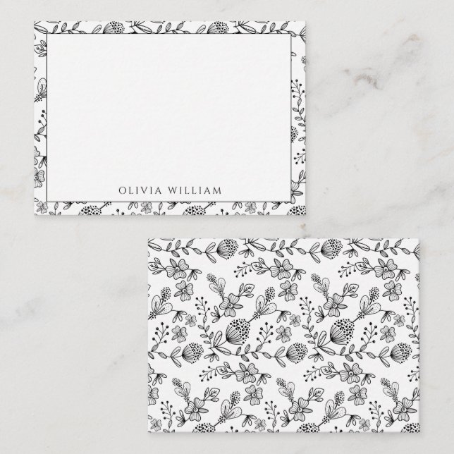 Tarjeta Pequeña Elegante Nombre De Borde Floral De Boho Blanco Y N (Anverso / Reverso)