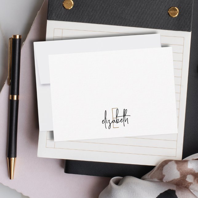 Tarjeta Pequeña Elegante nombre de monograma guión dorado negro (Subido por el creador)