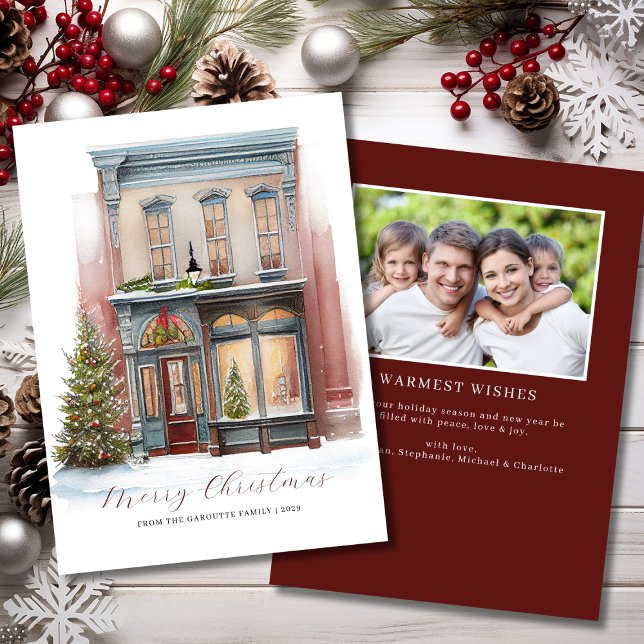 Tarjeta Pequeña Elegante presupuesto acuarela Foto Feliz Navidad (Elegant Budget Watercolor Photo Merry Christmas Note Card)