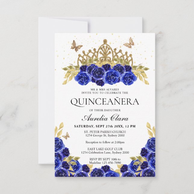 Tarjeta Pequeña Elegante presupuesto Floral Azul Oro Tiara Quincea (Anverso)