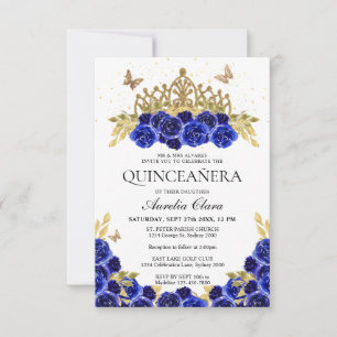 Tarjeta Pequeña Elegante presupuesto Floral Azul Oro Tiara Quincea