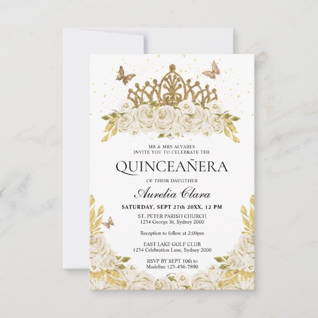 Tarjeta Pequeña Elegante presupuesto Floral Blanco Oro Tiara Quinc (Anverso)