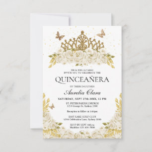 Tarjeta Pequeña Elegante presupuesto Floral Blanco Oro Tiara Quinc