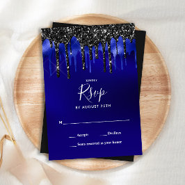 Tarjeta Pequeña Elegante Purpurina azul negro gotea boda RSVP
