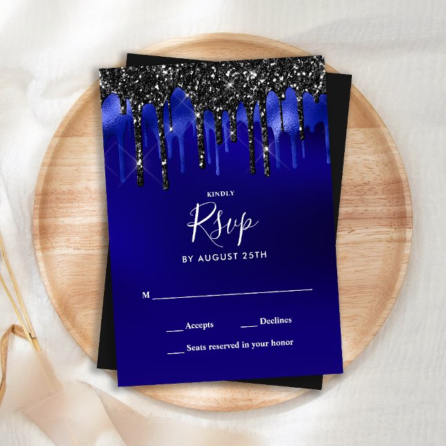 Tarjeta Pequeña Elegante Purpurina azul negro gotea boda RSVP (Subido por el creador)